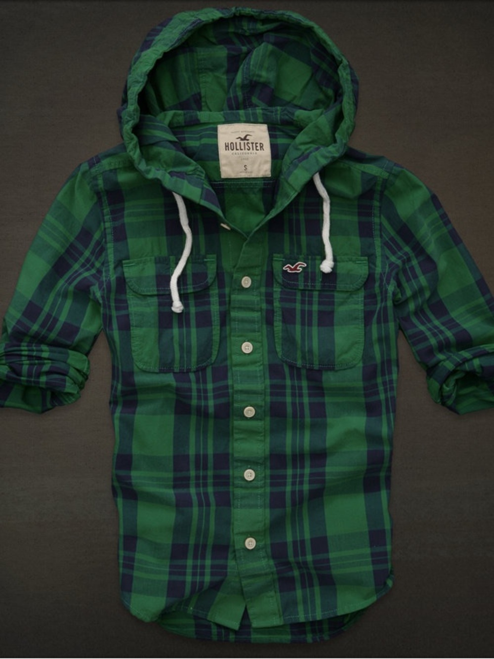 Y2K Hollister Men’s M Green Blue Plaid Hooded Button Up Shirt 2000s Preppy